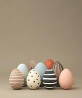 Pastel colored Easter eggs on a beige background, Happy Easter day concept and idea, copy space photo