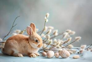 Rabbit, painted eggs and willow branches, soft muted pastel gray-blue color, concept and idea of a happy Easter day. photo