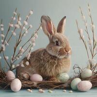 Rabbit, painted eggs and willow branches, soft muted pastel gray blue and beige color, Happy Easter day concept and idea. photo