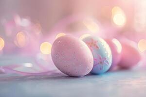 Colored Easter eggs, blur and bokeh, pink background, Happy Easter day concept and idea photo