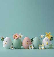 Painted pink, turquoise and white Easter eggs with painted faces and with flowers, Happy Easter day concept and idea, copy space photo