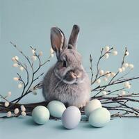 Rabbit, painted eggs and willow branches, soft muted pastel gray-blue color, concept and idea of a happy Easter day. photo