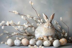 Rabbit, painted eggs and willow branches, soft muted pastel gray-blue color, concept and idea of a happy Easter day. photo