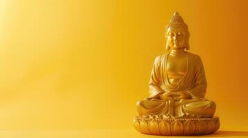 Golden statue of Buddha meditating in lotus position on a yellow background. Copy space photo