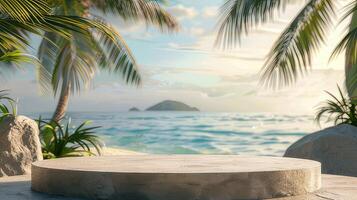 Stone podium against the backdrop of a summer seascape, sea beaches palm tree. Free space for product advertising. photo