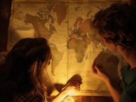 A young couple is studying a map and planning a trip. Romantic atmosphere photo