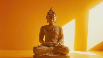 Buddha statue in gold color meditating in lotus position on a yellow background. photo