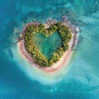 Image of a paradise island in the ocean in the shape of a heart, top view photo