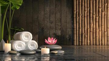 Background for spa salon. Candles, fluffy white towels, lotus flower and black stones. Place for text photo