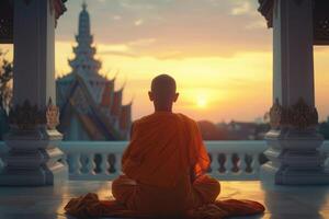Thai Buddhist monk prays while sitting on the balcony. Sunrise photo