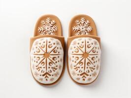Cozy brown slippers with a pattern. Top view. Isolated on white background. photo