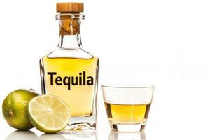 vaso botella de tequila, con el inscripción tequila , un vaso de tequila y Lima en un aislado blanco antecedentes. Copiar espacio foto