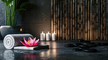 Massage spa salon. Candles, fluffy white towels, lotus flower and black stones. Bamboo wall on background. Place for text photo