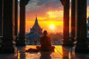 Thai Buddhist monk praying at sunrise while sitting on the balcony. photo