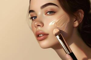 Beautiful woman on a beige background. Girl applying foundation with a brush. Copy space photo