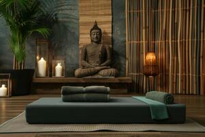 A couch with towels and a Buddha figure in a Thai massage salon. AI-generated content photo