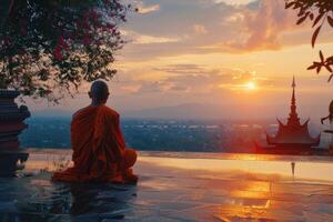 Thai Buddhist monk prays while sitting on the roof at sunrise. photo
