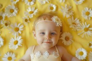 Portrait of a small child on a yellow background with daisies photo