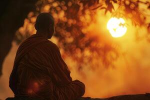 Thai Buddhist monk praying at sunrise while sitting under a tree. photo