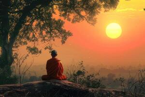 Thai Buddhist monk praying at sunrise while sitting on a hill. photo