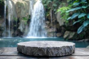 Stone podium for product advertising. Waterfall in the background. Blurred background. photo