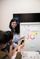 ux developer and ui designer presenting and testing mobile app interface design on whiteboard in meeting at modern office. Creative digital development mobile app photo