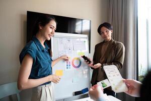 ux developer and ui designer presenting mobile app interface design on whiteboard in meeting at office. Creative digital development mobile app agency. digital transformation photo
