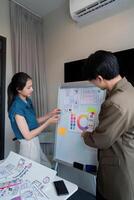 ux developer and ui designer presenting mobile app interface design on whiteboard in meeting at office. Creative digital development mobile app agency. digital transformation photo