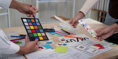 Brainstorm team of creative web graphic designer planning, Group of mobile phone app developer team meeting for share ideas about screen prototype layout for smartphone. startup planning ui and ux photo