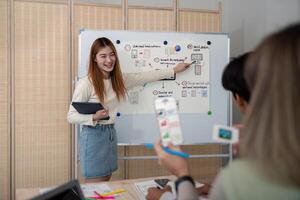 ux developer and ui designer presenting mobile app interface design on whiteboard in meeting at office. Creative digital development mobile app agency. digital transformation photo