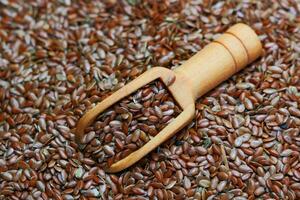 Flax seeds with a wooden scoop on a background Flex Seeds photo
