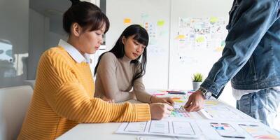 ux developer and ui designer use augmented reality brainstorming about mobile app interface wireframe design on desk at modern office photo