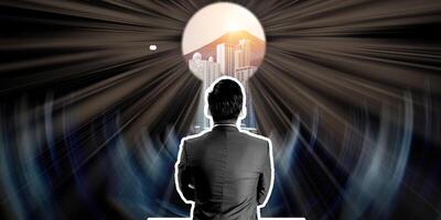 Businessman look at to door concept of success, goal, motivation, growth, courage, target. concept of ambition, growth, opportunity, motivation photo