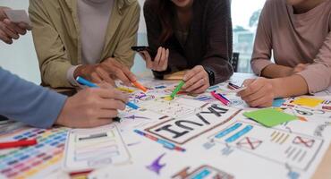 UX developer and ui designer brainstorming about mobile app interface wireframe design at modern office photo