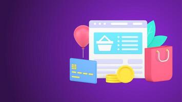Internet browser computer screen with digital store website user interface 3d icon vector
