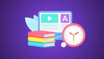 Online education with laptop lesson user interface and stack of textbook 3d icon vector