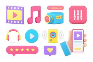 Multimedia content social media audio play smartphone application set 3d icon realistic vector