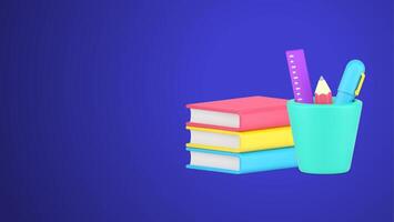 Education homework knowledge learning book stack and stationery in pencil holder 3d icon vector
