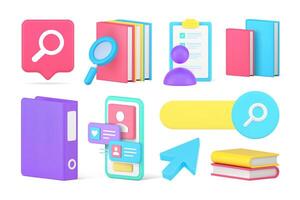 E learning education library book reading internet information searching set 3d icon vector