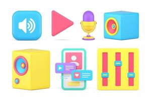 Multimedia content internet music social media broadcasting set 3d icon realistic vector