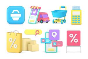 Internet shopping goods delivery order purchase smartphone application set 3d icon realistic vector