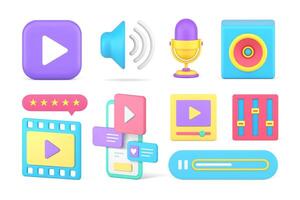Multimedia digital content music broadcast smartphone application set 3d icon realistic vector