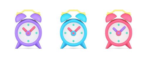 Vintage alarm clock morning ring mechanical clockwise time reminder 3d icon set realistic vector