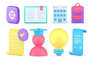 Education graduation knowledge bachelor student learning idea lesson course set 3d icon vector