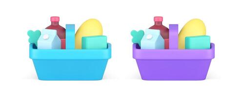 Shopping basket plastic cart with handle full of grocery food product 3d icon set realistic vector