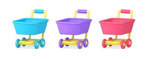 Supermarket trolley on wheels push cart for shopping purchasing carrying 3d icon set vector