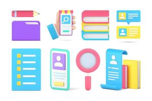 Searching information browsing internet paperwork library education knowledge set 3d icon vector