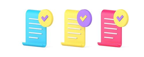 Paper document success check mark done agreement contract acceptance 3d icon set realistic vector