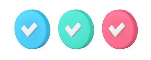 Check mark isometric circle button for approved success confirmation 3d icon set realistic vector