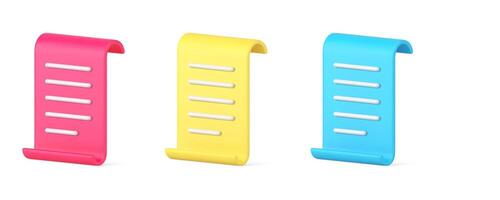 Paper sheet curved document with text agreement contract list reminder 3d icon set realistic vector